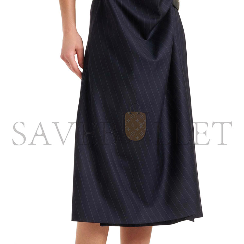LOEWE PINSTRIPE GATHERED WOOL WRAP DRESS 